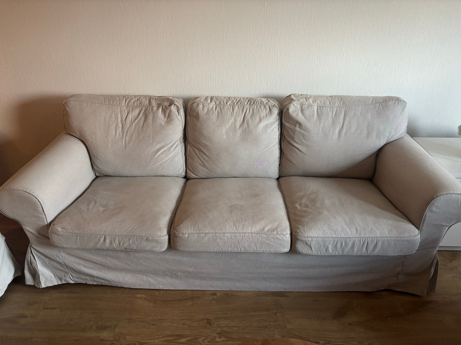 Comfortabele 3-zits en 2-zits banken - Beige stof, Ophalen, Gebruikt, 75 tot 100 cm, Rechte bank