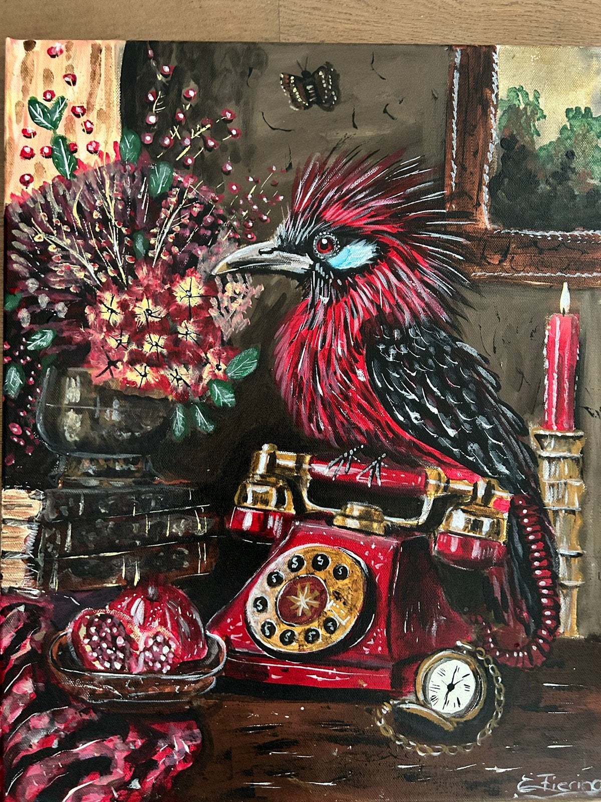 Uniek Acrylschilderij: Levendige Vogel, Bloemen & Fruit, Acrylverf, Dieren, Textiel, Gelakt/vernis