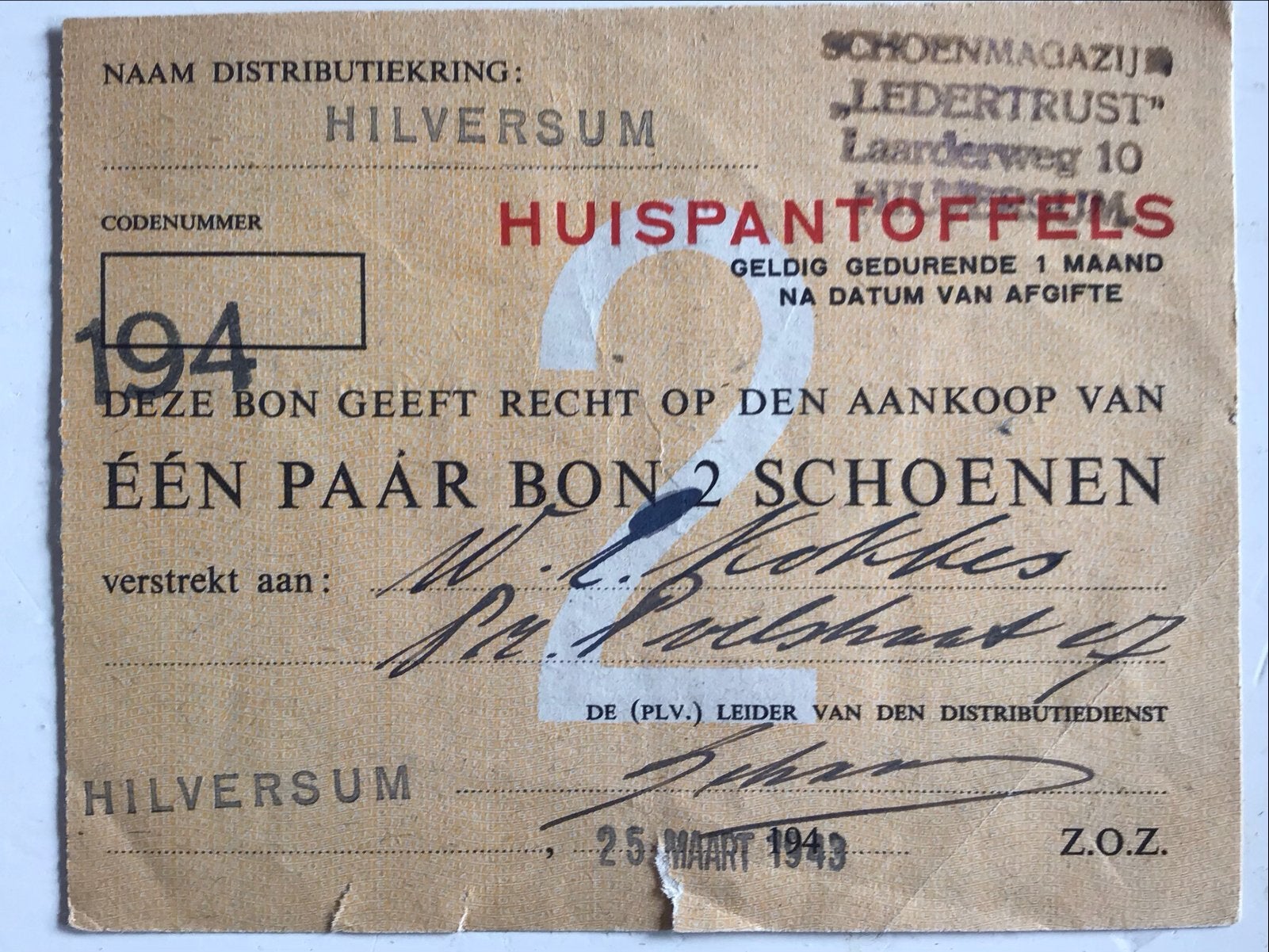 Zeldzame schoenenbon Leder Trust Hilversum 1943, Ophalen of Verzenden, Gebruikt