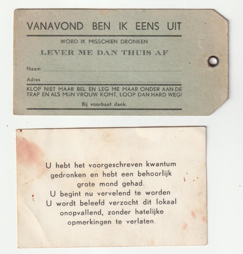 Label en kaartje dronkenschap humor uit het verleden, Antiek en Kunst, Curiosa en Brocante, Verzenden