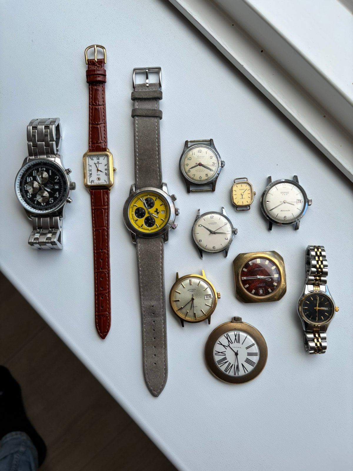 Lotje van 11 (luxe) horloges, voornamelijk zwitsers en duits, Ophalen of Verzenden, Staal, Overige merken, 1960 of later