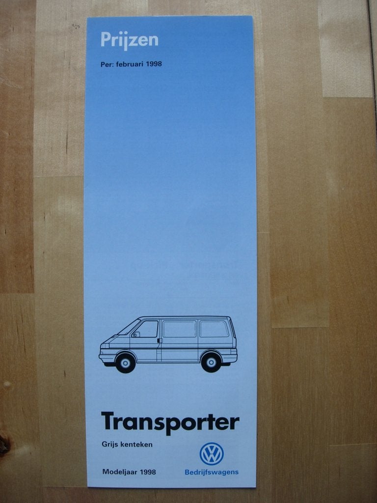 Volkswagen Transporter Prijslijst Brochure 1998 VW, Volkswagen, Ophalen of Verzenden, Zo goed als nieuw, Volkswagen