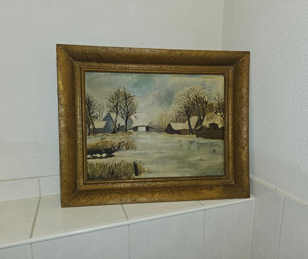Schilderij Winterlandschap met Huizen en Brug, Ophalen