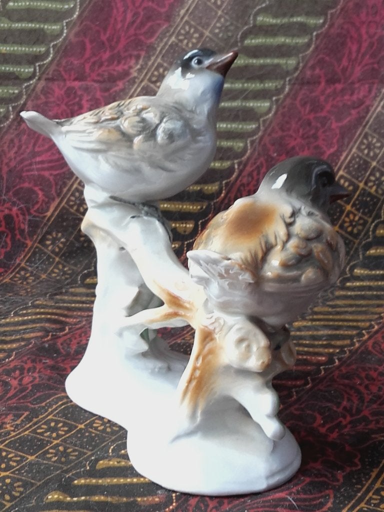 Mooi oud beeldje uit Duitsland van vogels op een tak 13,7 cm, Ophalen of Verzenden