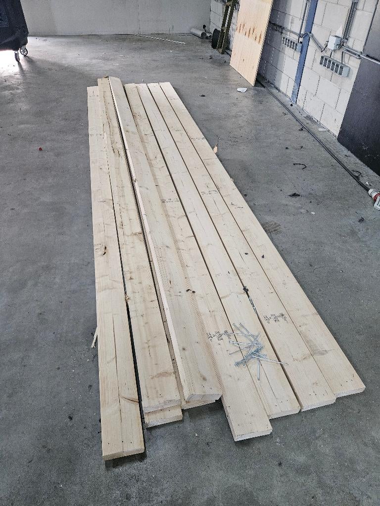 9x Vuren hout balken 447 x 14,5 x 4,4 cm, Doe-het-zelf en Verbouw, Hout en Planken, Ophalen, Zo goed als nieuw, Balk, Vuren