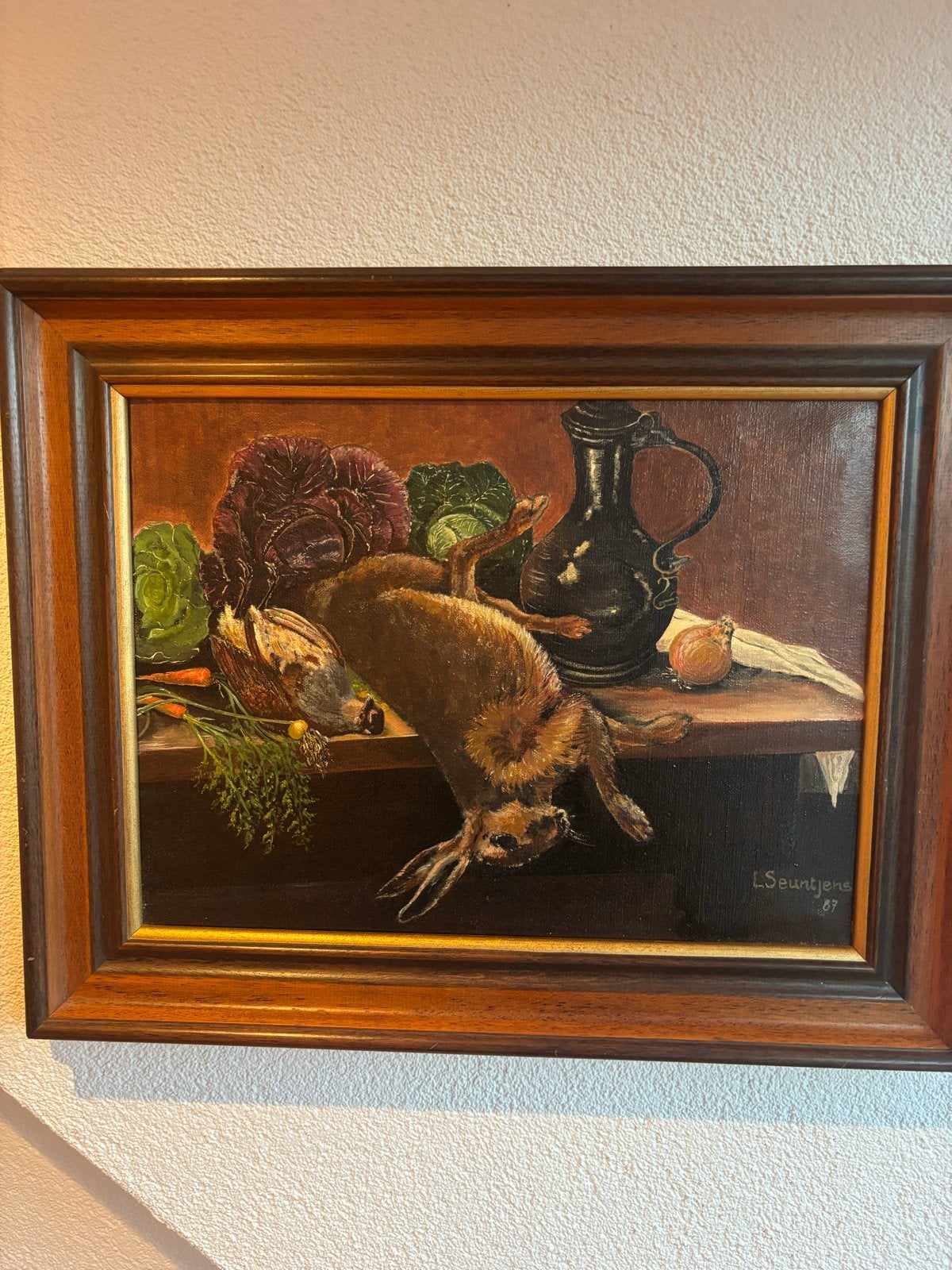 Stilleven met haas en groenten, gesigneerd L.Seuntjens '87, Antiek en Kunst, Kunst | Schilderijen | Klassiek, Doek, Stilleven
