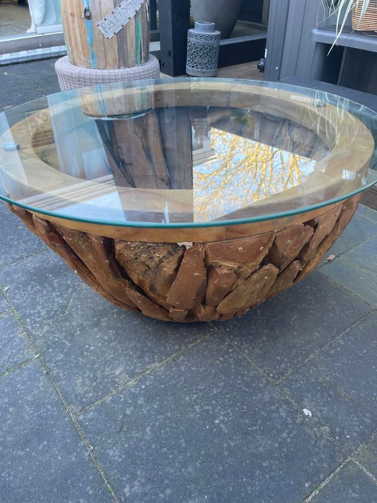 Houten salontafel met glasplaat, Ophalen, 50 tot 100 cm, Rond, 50 tot 100 cm