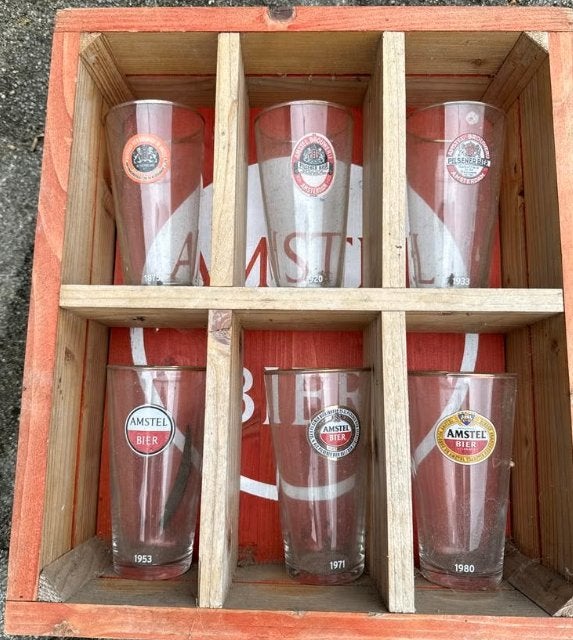 Amstel Bier Glazen Collectie in Houten Kist, Ophalen of Verzenden, Gebruikt, Bierglas