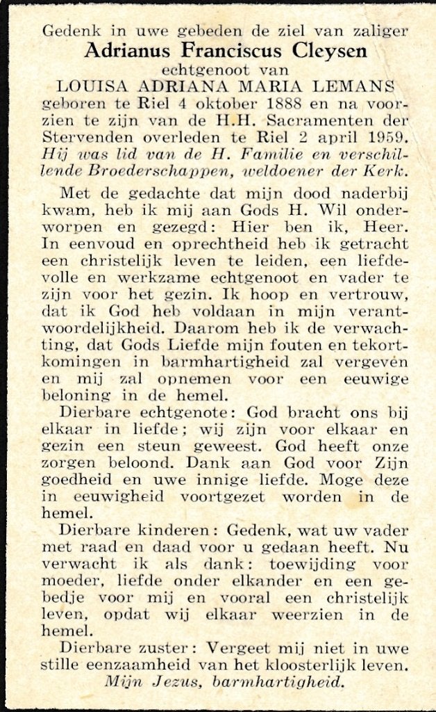 Cleysen Adrianus 1888 Riel 1959, Ophalen of Verzenden, Bidprentje