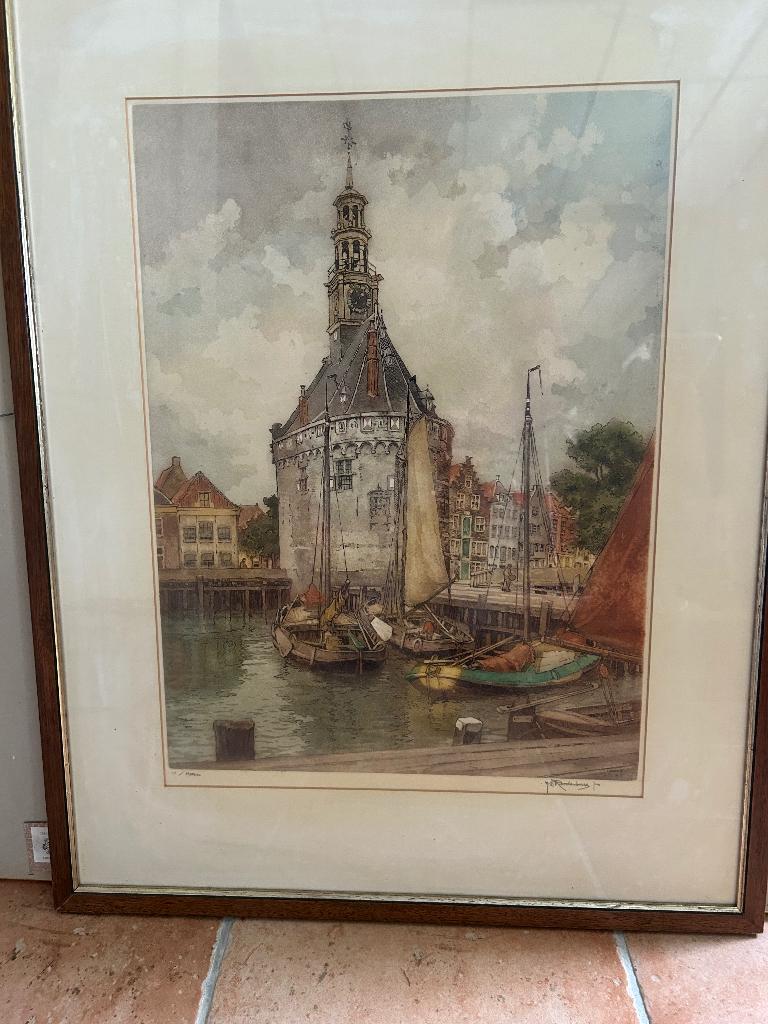 H.E.Roodenburg ets van Hoorn gekleurd origineel, Ets, Stadsgezicht, Ophalen of Verzenden, Origineel