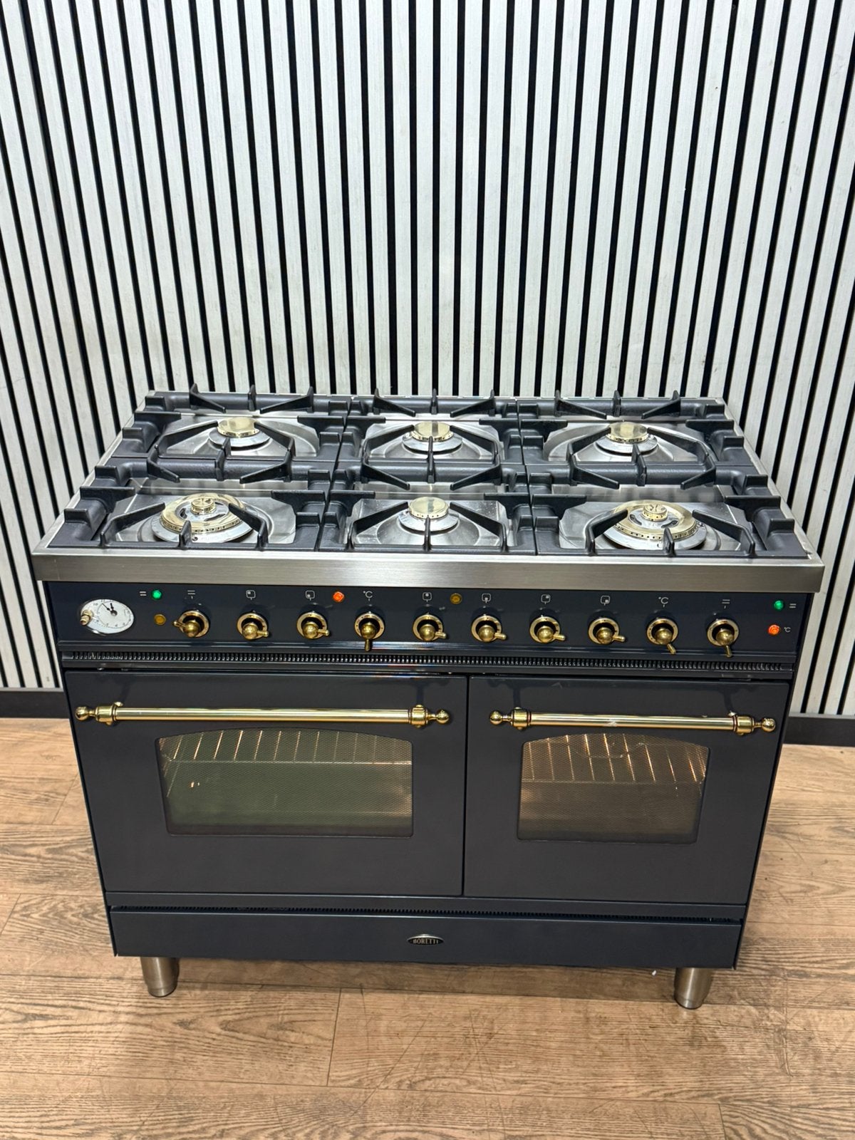 Luxe Boretti Fornuis 6 pits antraciet/messing 2 ovens 100 cm, Fornello Esperta, Ophalen of Verzenden, Zo goed als nieuw, Energieklasse A of zuiniger