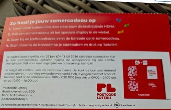 Te koop postcodeloterij bon, Eén persoon, Cadeaubon