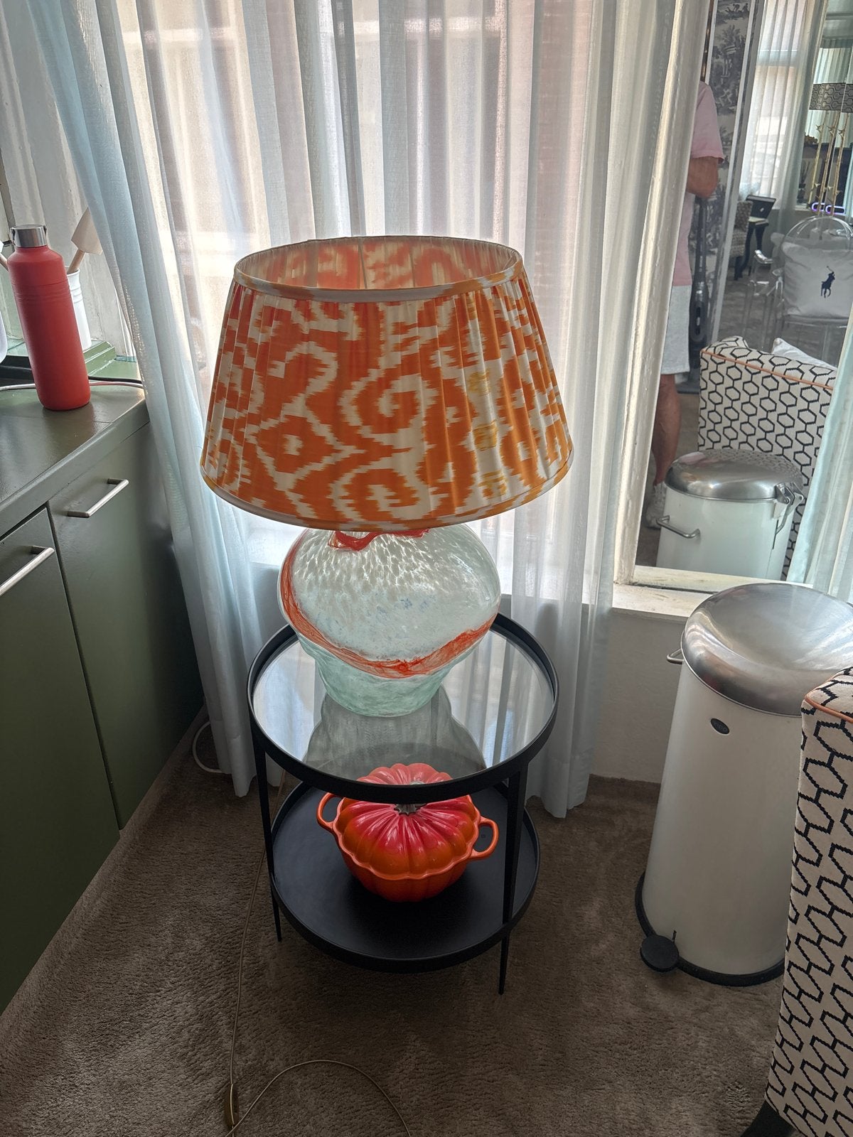 Unieke glazen tafellamp met oranje ikat kap, Huis en Inrichting, Ophalen, Oranje, Modern, Glas