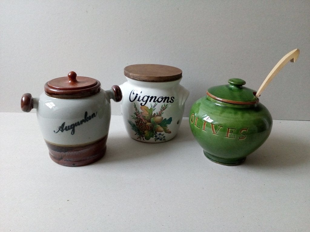 Brocante Uien/knoflook/augurk/olijfpot.Keuken. Pr.p/st.vanaf, Ophalen of Verzenden