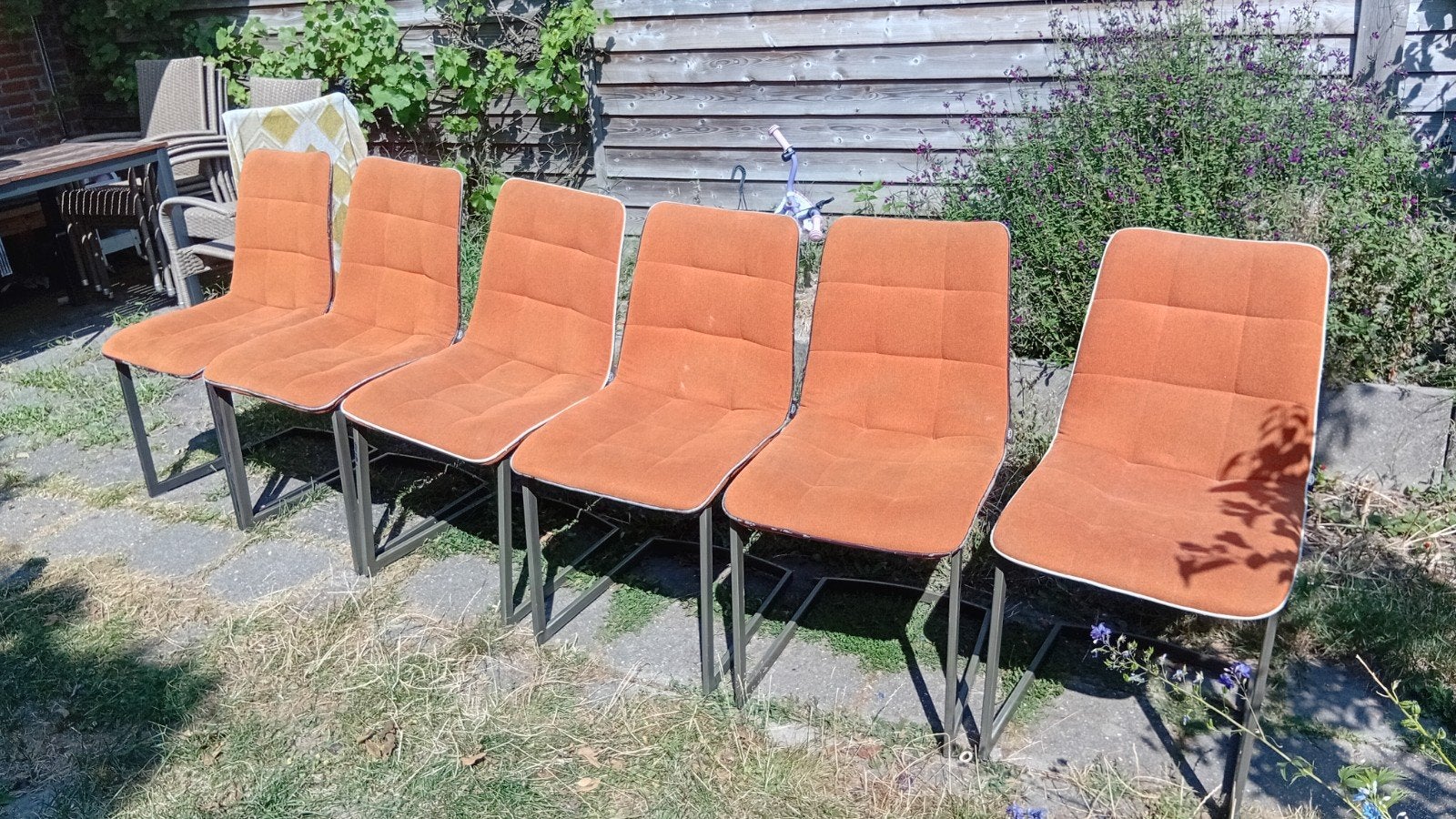 Set van 6 vintage oranje stoelen, Huis en Inrichting, Stoelen, Ophalen, Gebruikt, Overige kleuren, Vintage, Retro