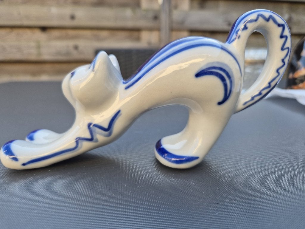 Vintage Sovjet Porseleinen Kat – Gzhel Stijl (Made in USSR), Ophalen, Gebruikt, Dier