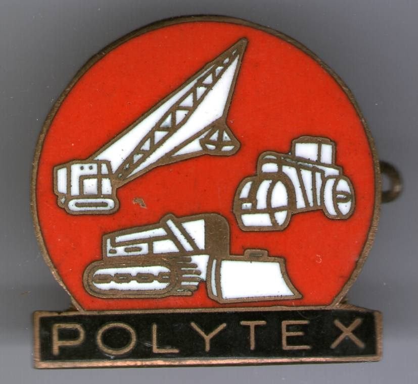 Polytex email op koper bouwmachines broche ( H_082), Verzenden, Zo goed als nieuw, Transport, Speldje of Pin