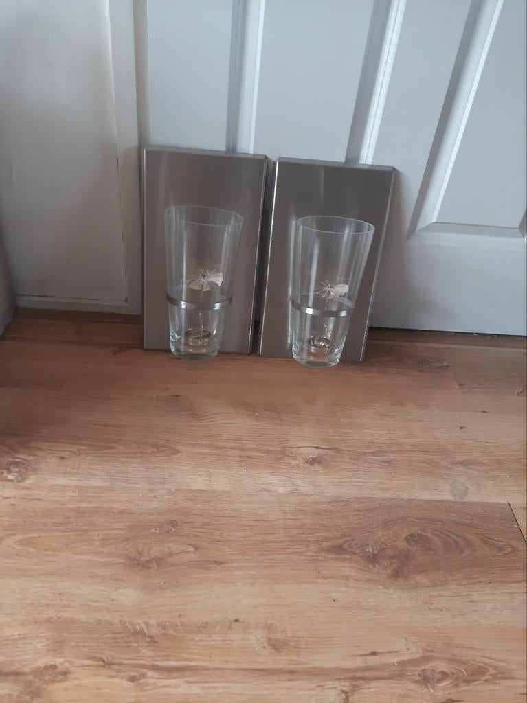 Wandhangers met glazen vazen en RVS, Gebruikt, Overige kleuren, Ophalen of Verzenden, Glas