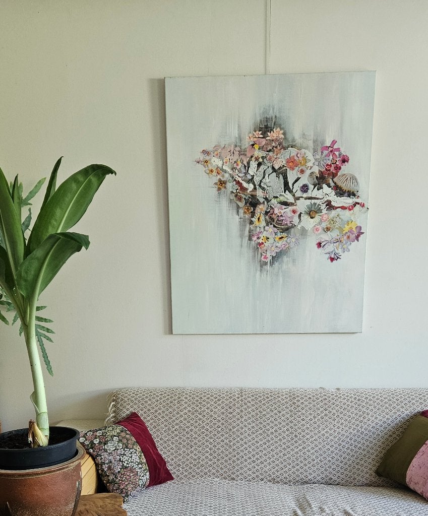 Kunstwerk gemengde technieken, Antiek en Kunst, Kunst | Schilderijen | Modern, Acrylverf, Ophangklaar, Ophalen of Verzenden, Overige materialen