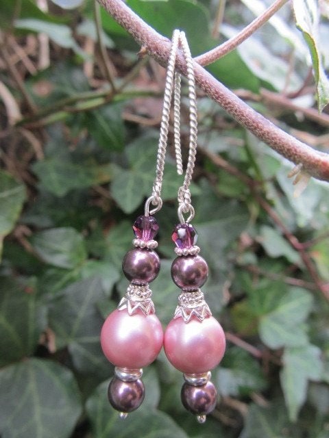 Oorbellen Ebru swarovski parels-kristal paars-roze zilver, Hangers, Paars, Nieuw, Zilver