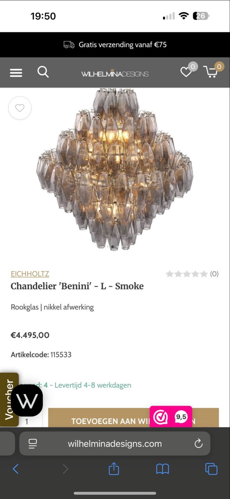 Eichholtz Chandelier 'Benini' - L - Smoke, Ophalen of Verzenden, Zo goed als nieuw, Glas, E14 (klein)