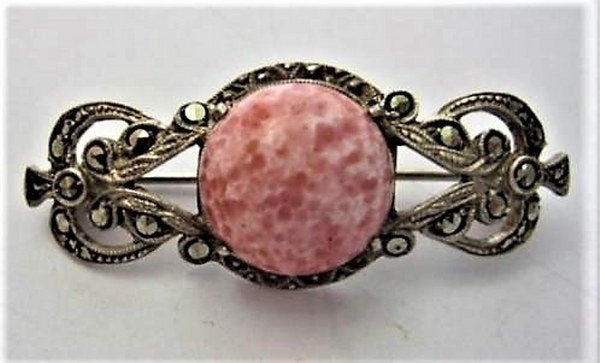 Vintage zilveren broche met Roze Zoisiet & Markasiet 835, Ophalen of Verzenden, Zo goed als nieuw, Roze, Zilver