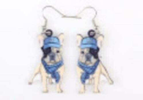 Leuke oorbellen met Franse Bulldog blauwe das en muts, Overige materialen, Hangers, Nieuw, Verzenden