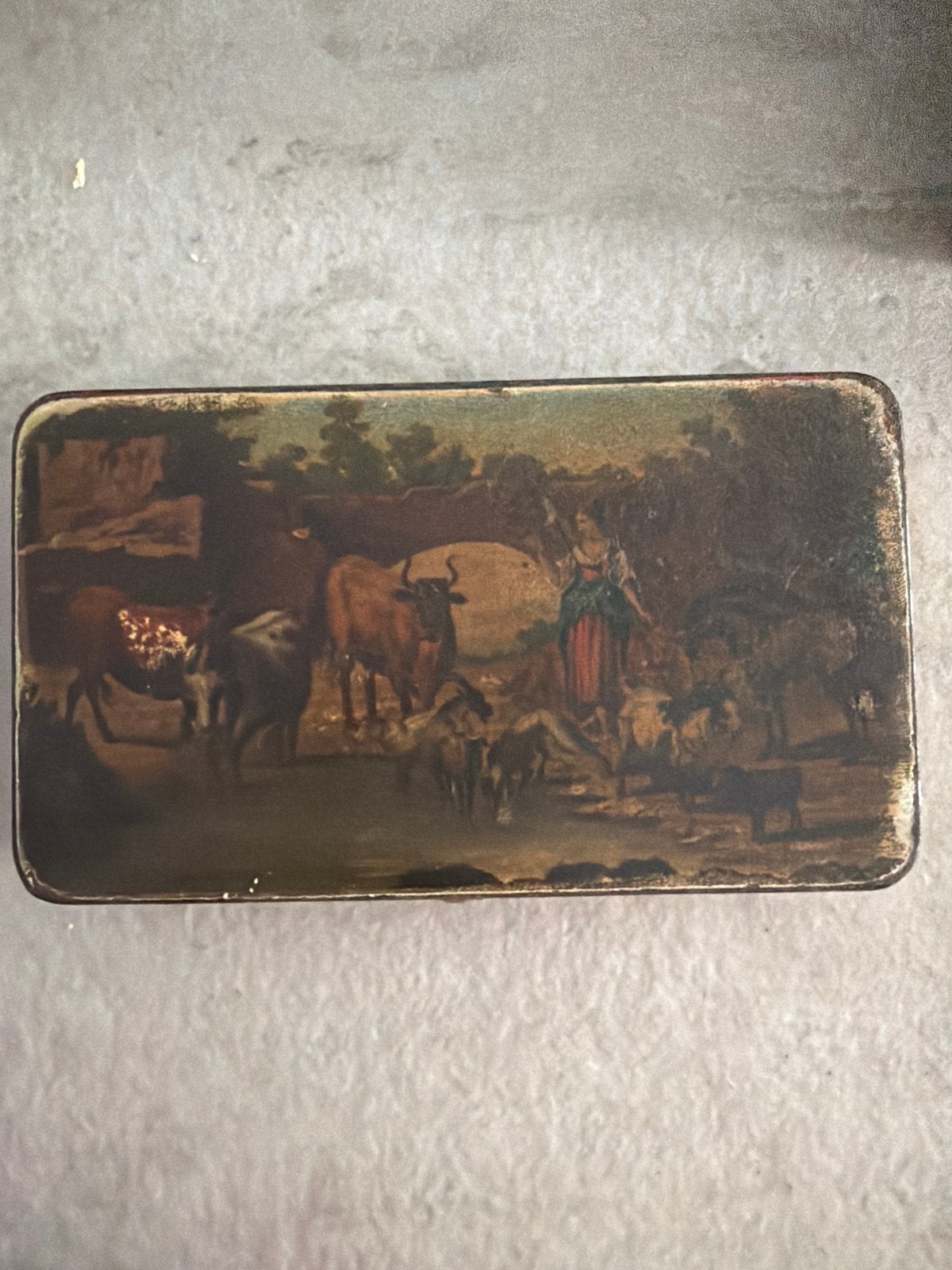 Antiek blikje met landschap en inhoud, Ophalen of Verzenden, Gebruikt, Overige, Overige merken