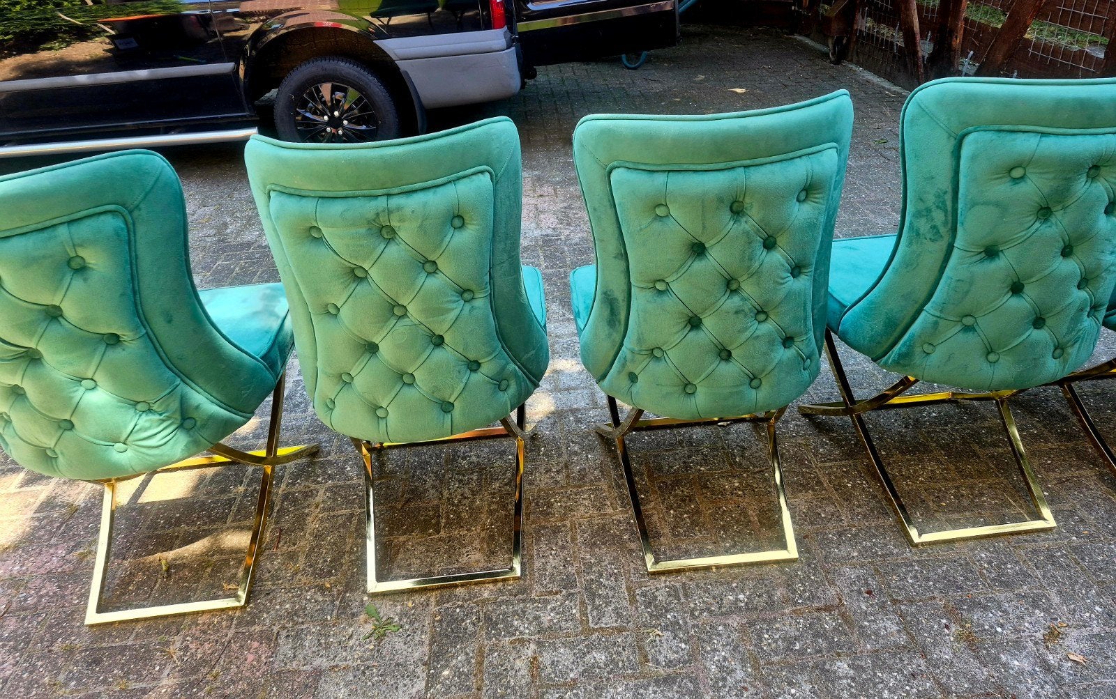 5 Eric Kuster eetkamerstoelen in smaragdgroen velours, Huis en Inrichting, Overige kleuren, Modern, Luxe, Glamour, Ophalen of Verzenden