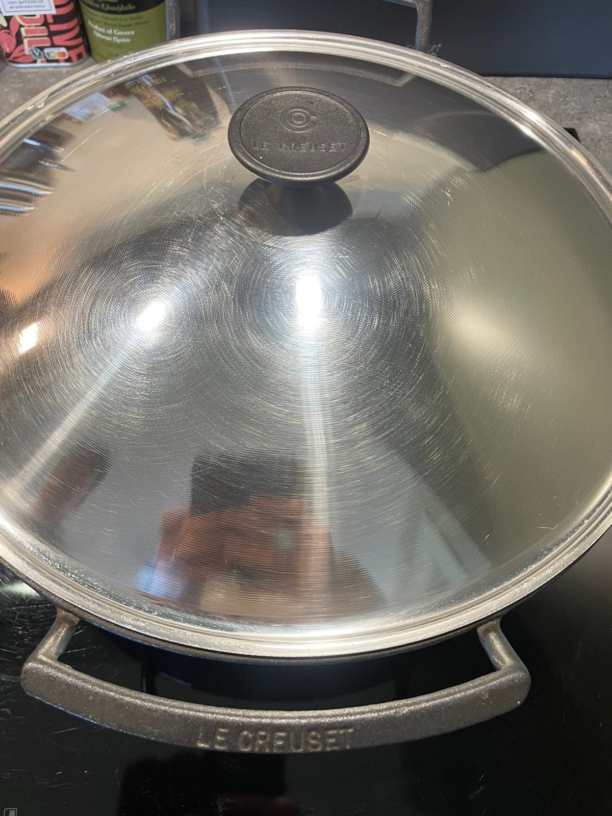 Le Creuset Gietijzeren Wokpan met Deksel 36 cm - Blauw, Huis en Inrichting, Keuken | Potten en Pannen, Ophalen of Verzenden, Zo goed als nieuw