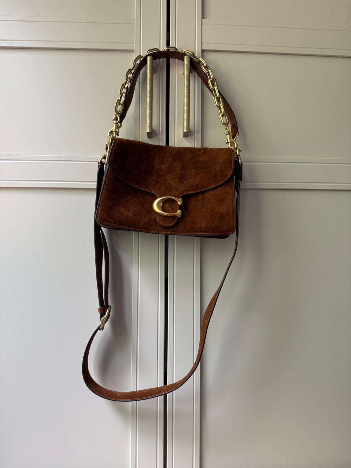 Coach suède schoudertas Chain Tabby cognac, Ophalen of Verzenden, Zo goed als nieuw, Bruin, Schoudertasje
