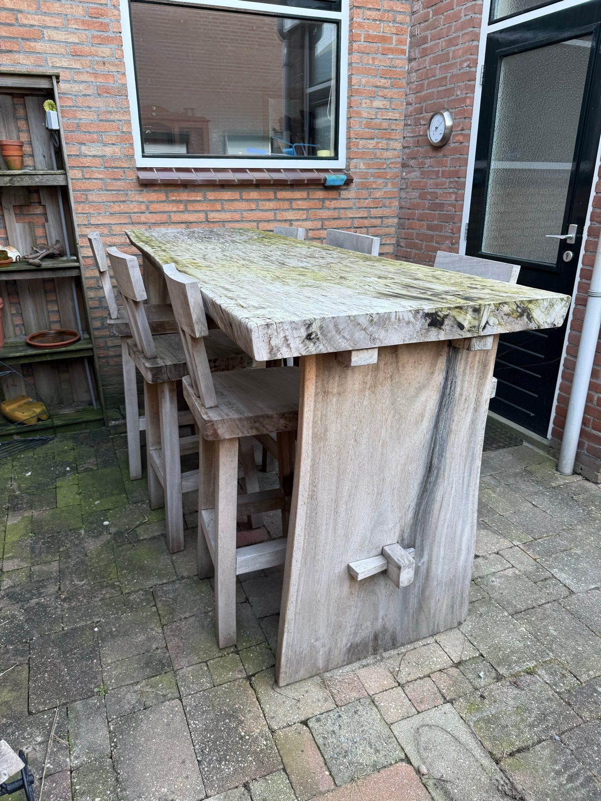 Robuuste houten bartafel met 4 krukken, Ophalen, Gebruikt, Rechthoekig, Hout