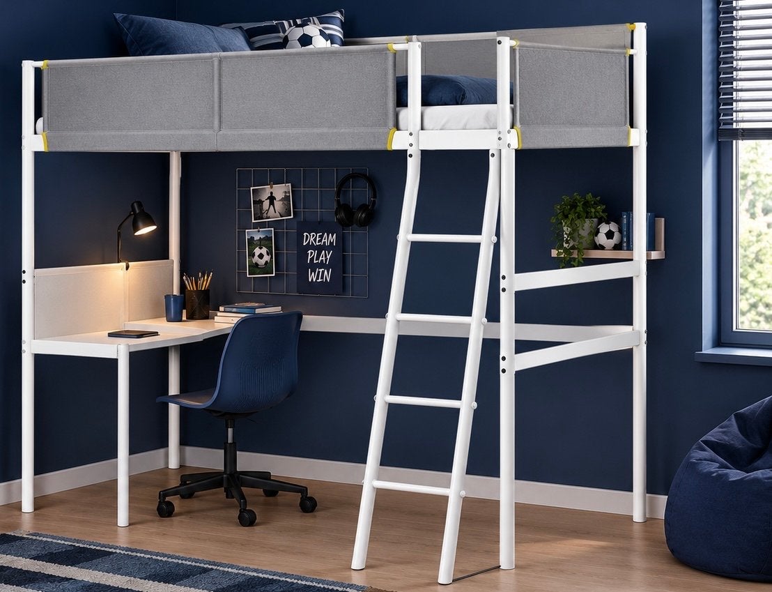 IKEA VITVAL Hoogslaper met bureau, wit/lichtgrijs, Ophalen, Eenpersoons, Zo goed als nieuw, 200 cm