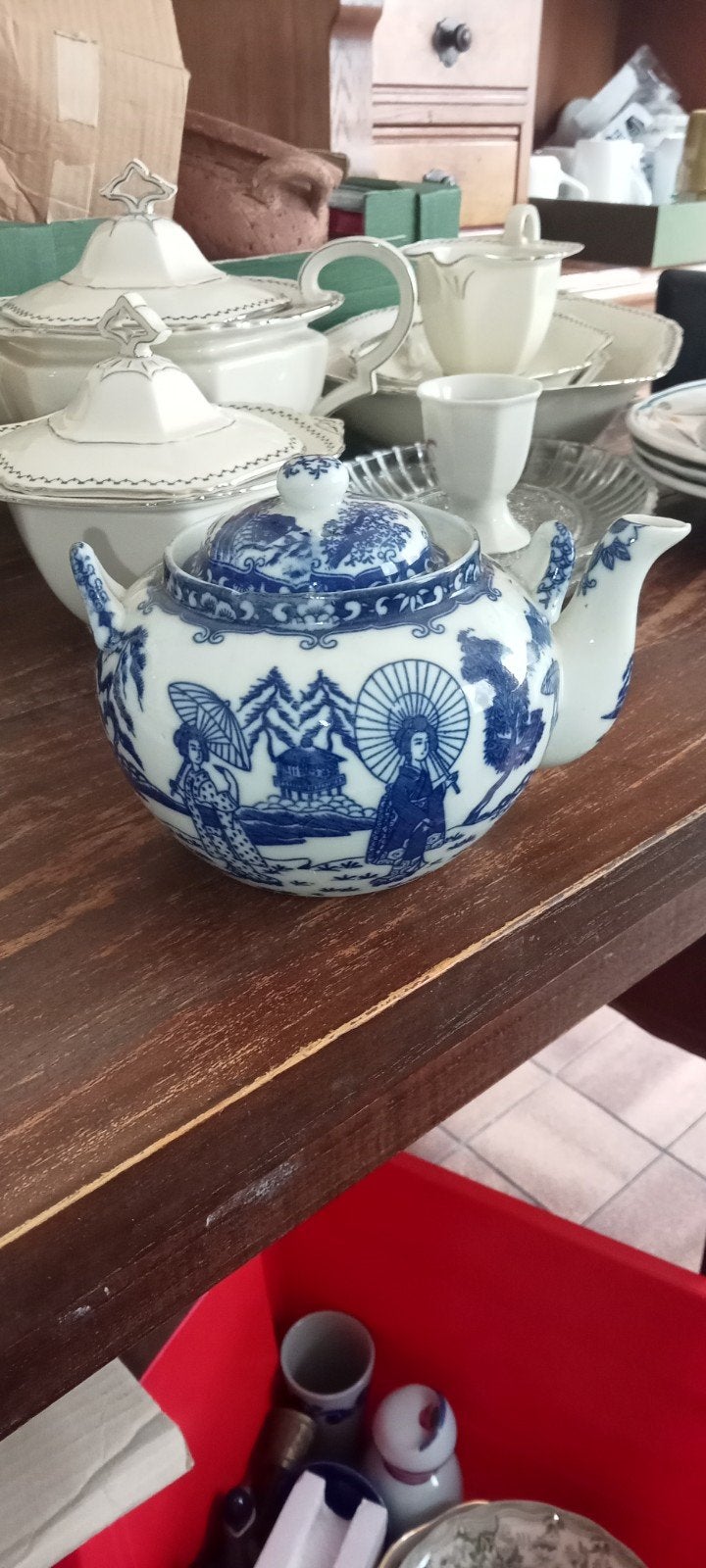Vintage Chinees theepotje met blauw-wit decor, Ophalen of Verzenden