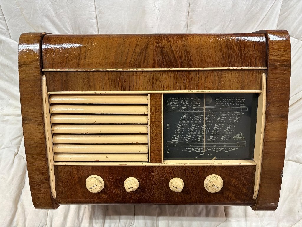Antieke His Masters Voice radio, omgebouwd naar Bluetooth., Antiek en Kunst, Ophalen of Verzenden