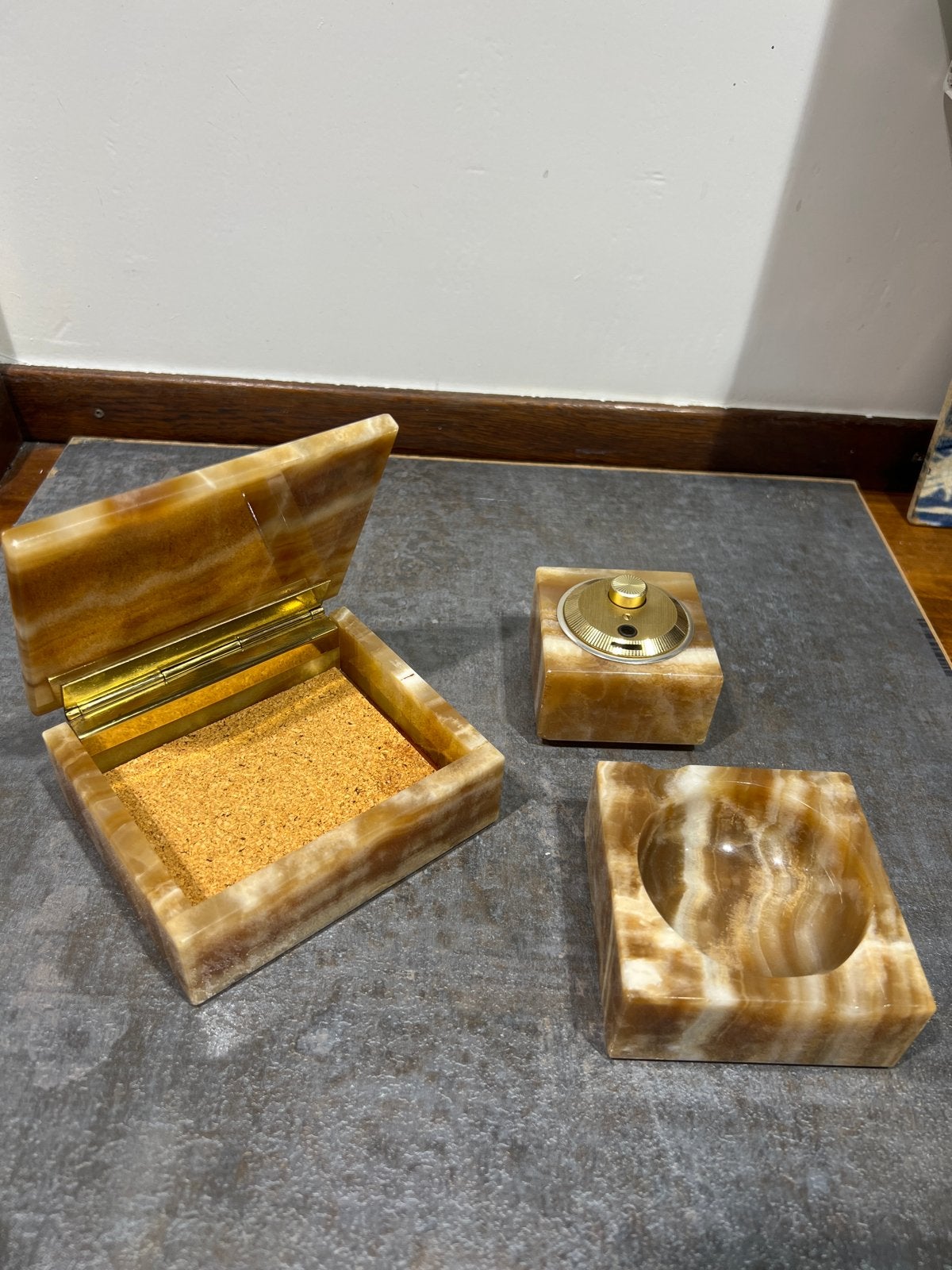 Vintage Onyx Bureau Set - Doos, Asbak & Lucifershouder, Ophalen of Verzenden