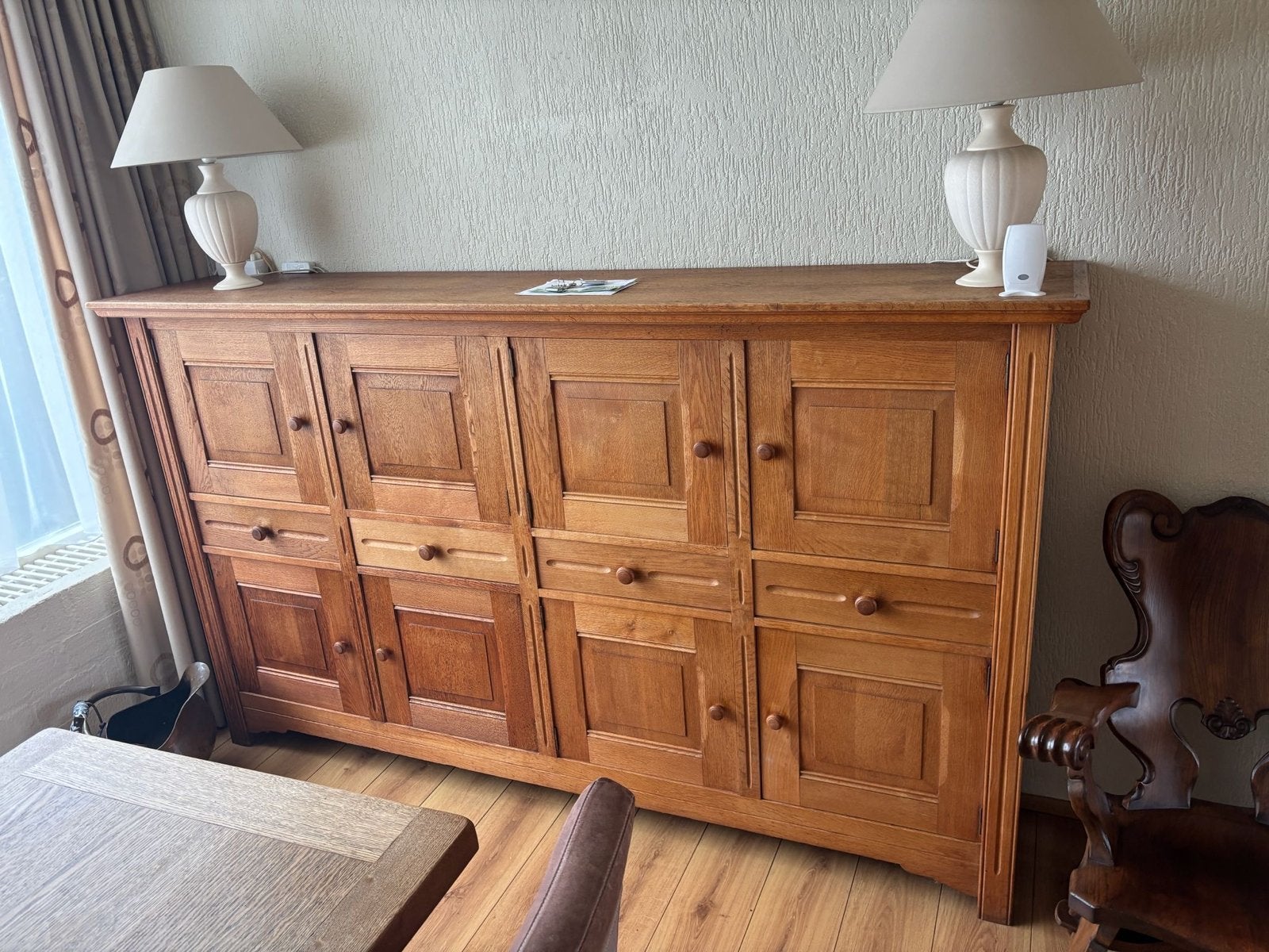 Massief eiken dressoir met lades en deuren, Gebruikt, Eikenhout, Ophalen of Verzenden, 200 cm of meer