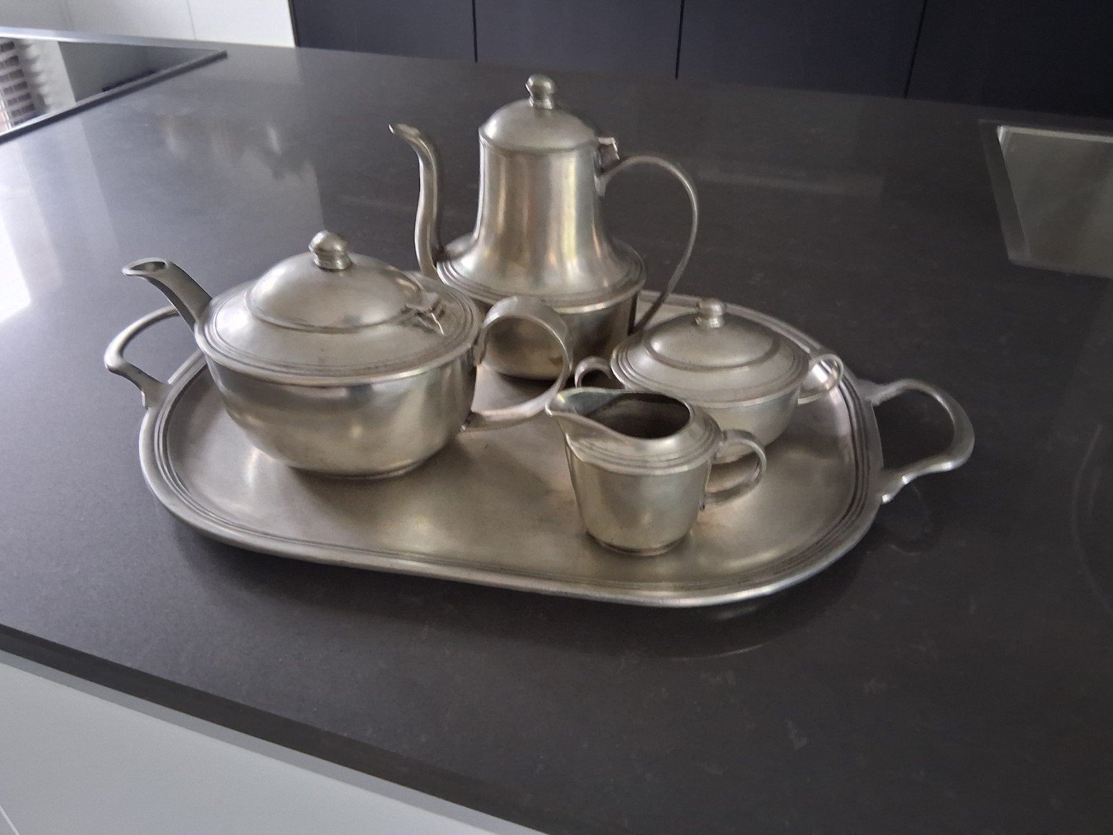 Vintage Marinoni theeservies van 95% zuiver tin, Antiek en Kunst, Antiek | Tin, Ophalen of Verzenden