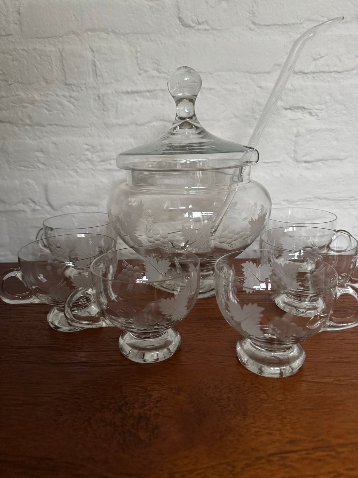 Vintage Glazen Punch Set met 6 Kopjes en Scheplepel, Ophalen
