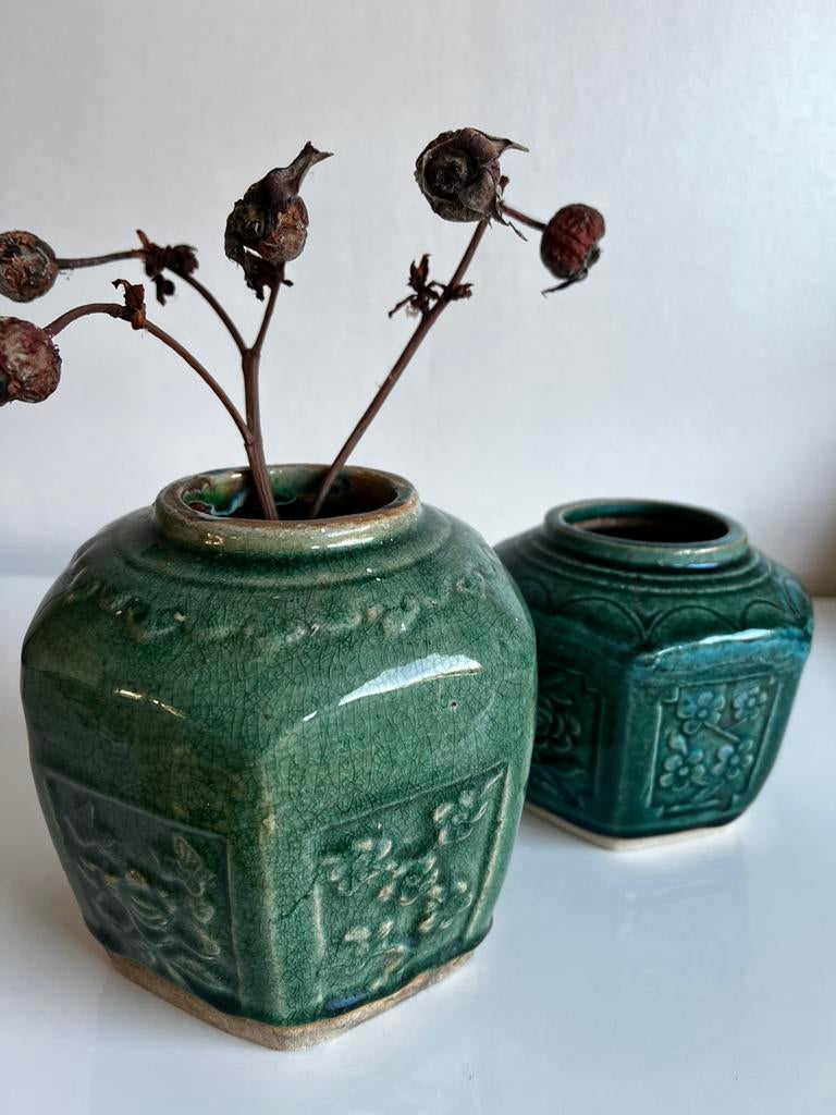 2 Vintage Shiwan Gemberpotten Turquoise Flora 19e eeuws, Ophalen of Verzenden, Zo goed als nieuw