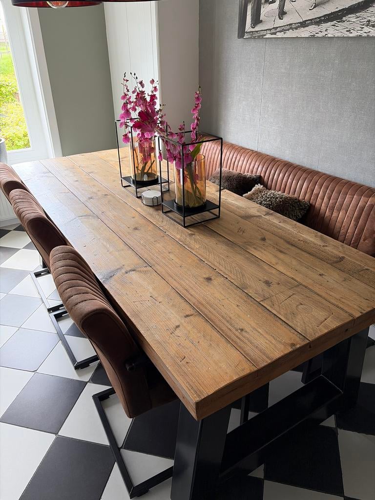 Eetkamer set: tafel, 3 stoelen en eetbank - Bruin stof, Ophalen, Gebruikt, Minder dan 4 stoelen