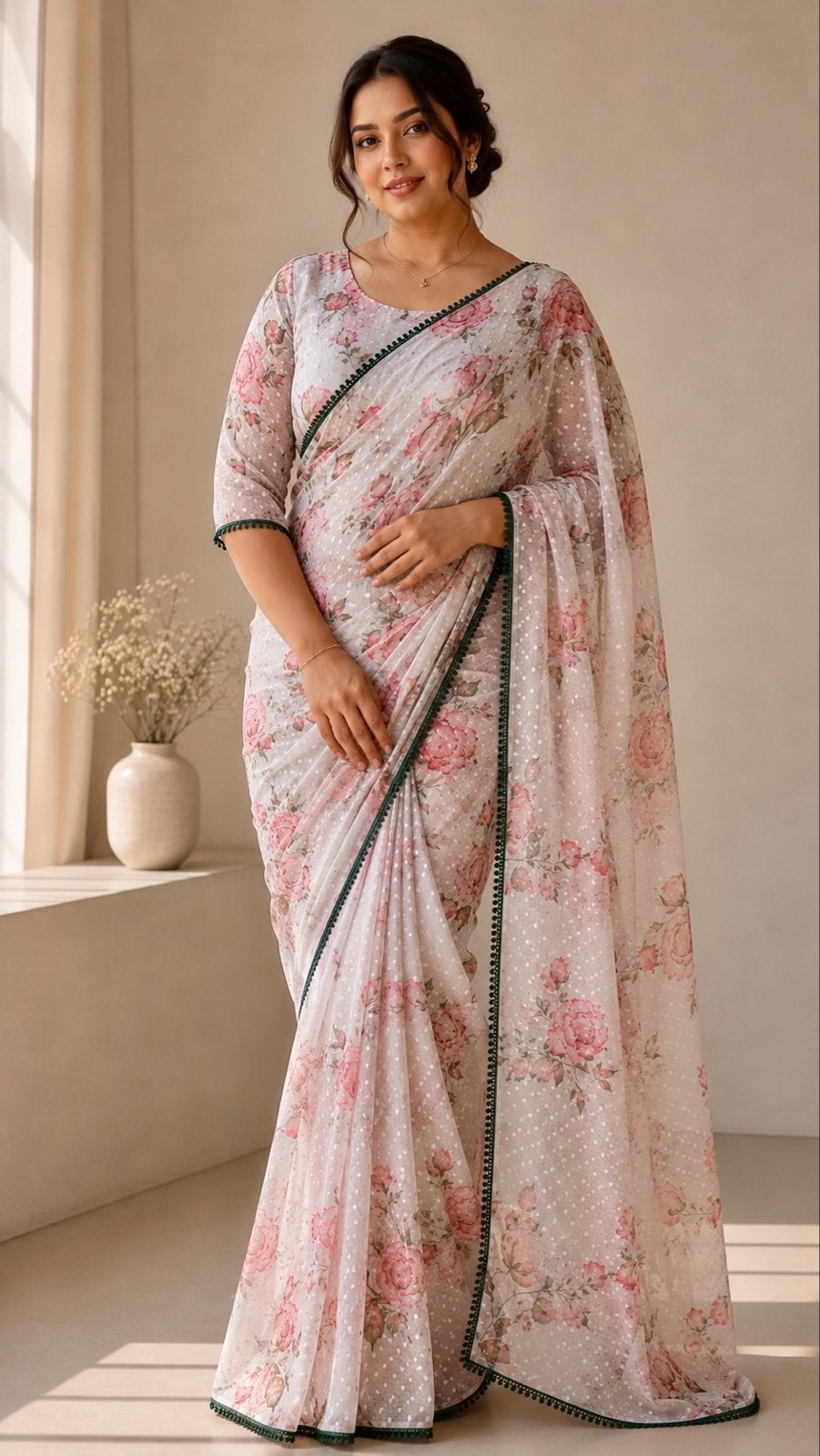 Ready-to-wear Saree/Sari met Roze Bloemenprint met choli, Verzenden, Nieuw, Wit