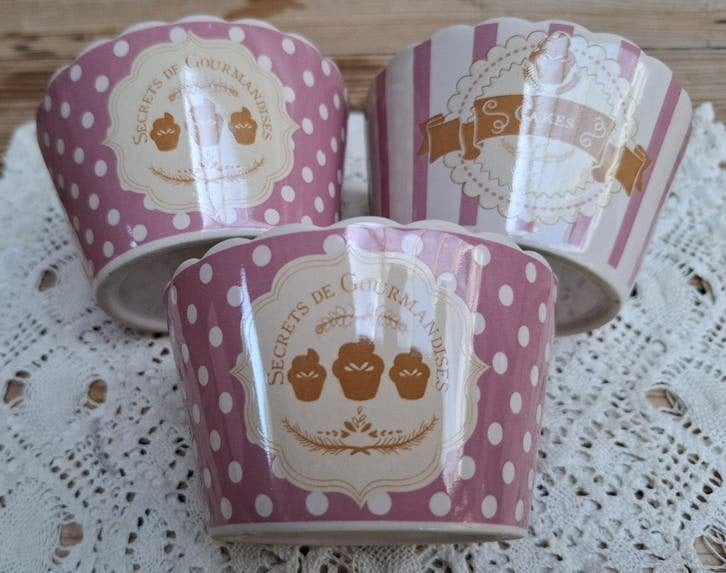 3 Franse ijs schaaltje met roze strepen en creme dots, Huis en Inrichting, Keuken | Servies, Gebruikt, -, -, Ophalen of Verzenden