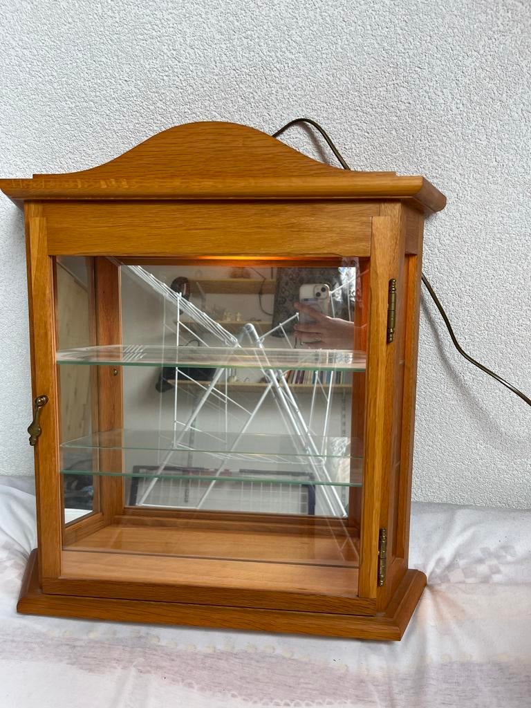 Eikenhouten vitrinekastje om op te hangen met licht, Huis en Inrichting, Kasten | Vitrinekasten, Ophalen, Minder dan 50 cm, Gebruikt