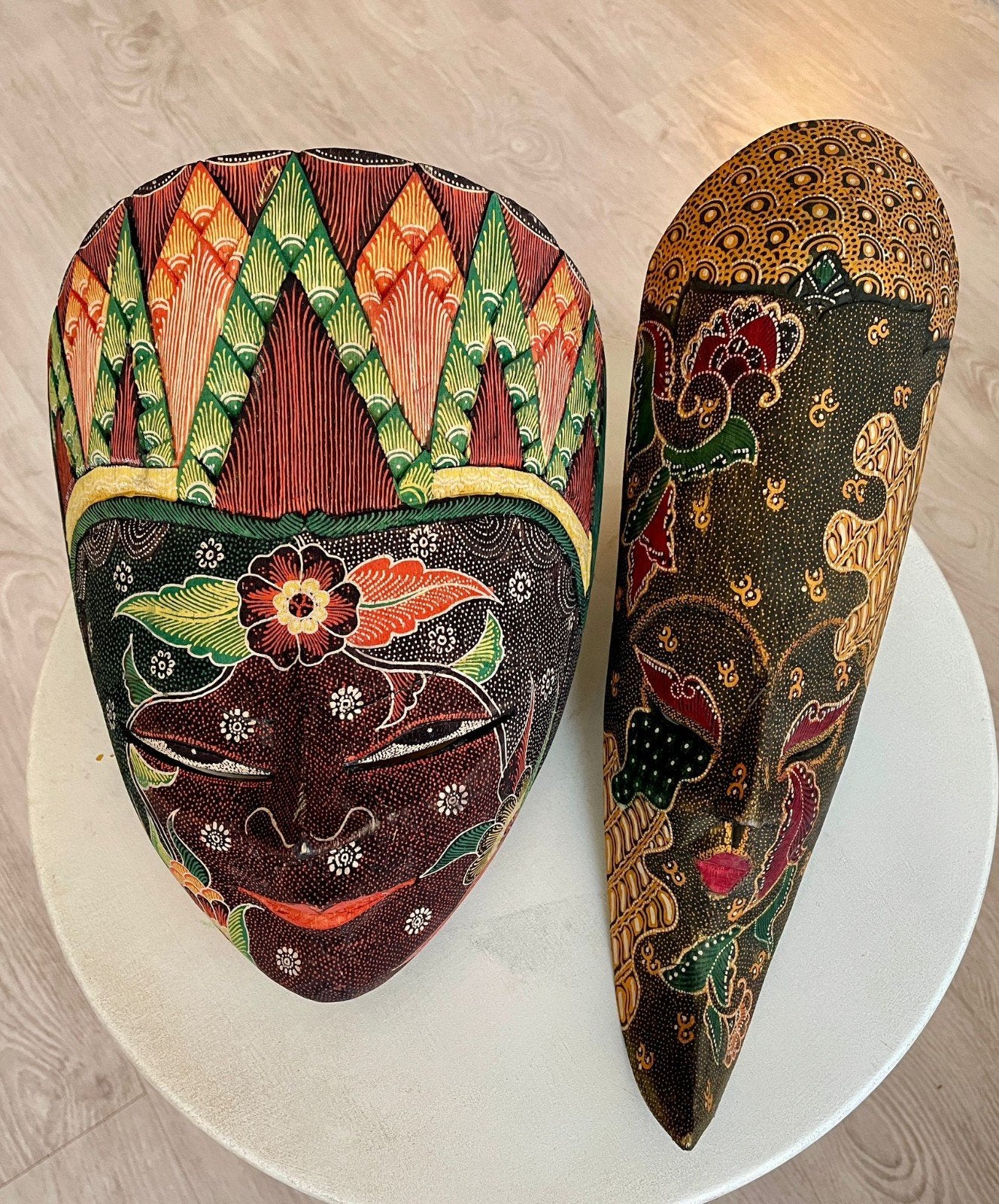 Vintage Houten Batik Topeng Maskers, per stuk te koop, Antiek en Kunst, Hout, Versierd, Masker, Ophalen of Verzenden