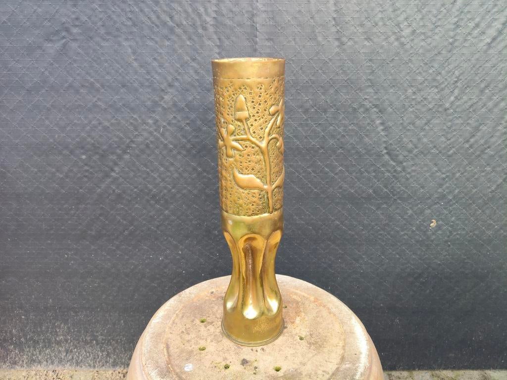 Trench Art, loopgravenkunst, versierde granaathuls brocante, Antiek en Kunst, Ophalen of Verzenden