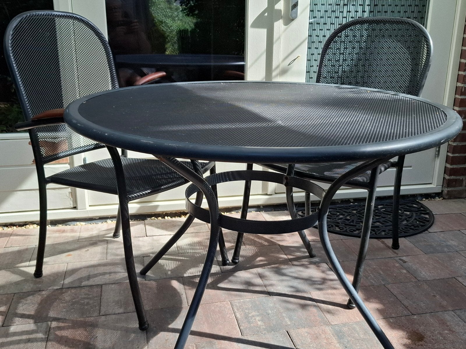 Antraciet metalen ronde tafel, Tuin en Terras, Ophalen, Gebruikt, Eettafel, Overige materialen