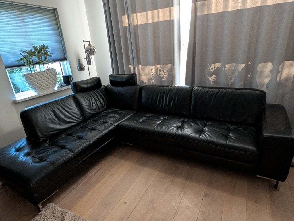 Modern zwart leren, gecapitonneerd bankstel, Ophalen, Gebruikt, Leer, Modern, tijdloos