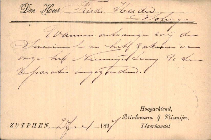 Zutphen - Brinkmann & Niemijer - 1897, Verzenden, Voor 1920, Gelopen, Noord-Holland