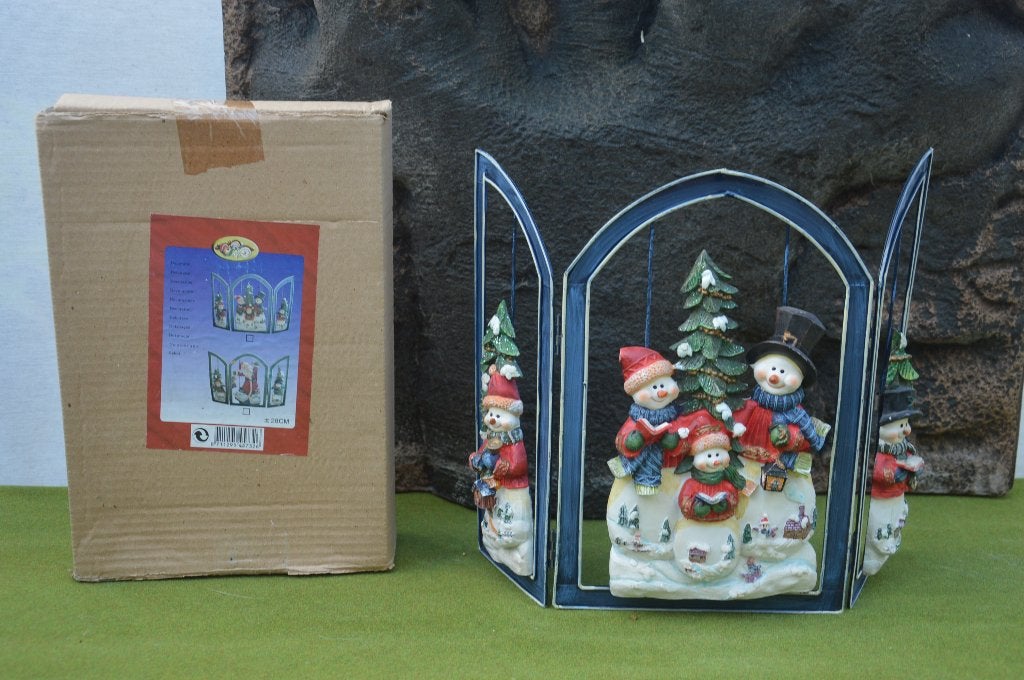 Vintage kerst drieluik metalen frame met sneeuwpop/sneeuwman, Ophalen of Verzenden, Gebruikt
